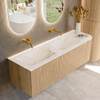 MONDIAZ KURVE-DLUX meuble de salle de bains 145cm avec module 25 R couleur chêne avec 1 tiroir et 1 porte. Lavabo LEAF double / gauche sans trou de robinet couleur Frappe. SW1137383