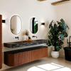 MONDIAZ THOR-DLUX Meuble de salle de bains 190cm arrondi gauche + droite couleur Ruby avec 2 tiroirs et 2 portes. Vasque suspendue CLOUD Double sans trou de robinet couleur Lava. SW1466506