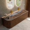 MONDIAZ KURVE-DLUX meuble de salle de bains 145cm arrondi à gauche couleur noyer avec 1 tiroir et 1 porte. Vasque BIG LARGE à droite 2 trous de robinetterie Sombra. SW1433684