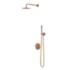 IVY Bond Ensemble de douche de tête - encastré - inverseur d'arrêt 2 voies - bras de douche mural 40 cm - douche de tête slim ronde 20 cm - barre de douche avec sortie - flexible de douche 150 cm - douchette satin spray - cuivre brossé mat PVD SW1032724