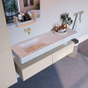 Mondiaz ALAN-DLUX Ensemble de meuble - 150cm - meuble Linen mat - 2 tiroirs - Lavabo Cloud Opalo suspendu - vasque Gauche - 0 trous de robinet SW806805