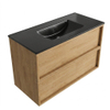 Saniclass Holz Frame Ensemble meuble de salle de bains - 100x45x62cm - Lavabo Vygo en céramique noir - 1 vasque - sans trou de robinetterie - 2 tiroirs - chêne natural mat (bois) SW1580008
