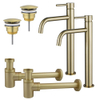 FugaFlow Eccelente Sobrado Slim Kit robinet lavabo - pour double vasque - robinet rehaussé - bonde non-obturable - siphon design bas - Laiton brossé PVD SW1124443