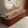 MONDIAZ KURVE-DLUX Meuble de salle de bains 145cm arrondi à gauche couleur Ruby avec 1 tiroir et 1 porte. Lavabo LEAF Double / Droit sans trou de robinet Arena. SW1431525
