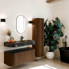 MONDIAZ THOR-DLUX 110cm badmeubel ronding links + rechts kleur Walnut met 1 lade en 2 deuren. Vrijhangende wastafel CLOUD Rechts 1 kraangat kleur Lava. SW1462763