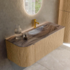 MONDIAZ KURVE-DLUX 115cm badmeubel ronding Links kleur Oak met 1 lade en 1 deur. Wastafel BIG SMALL Rechts 1 kraangat Sombra. SW1433560