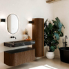 MONDIAZ THOR-DLUX 110cm badmeubel ronding links + rechts kleur Walnut met 1 lade en 2 deuren. Vrijhangende wastafel CLOUD Links zonder kraangat kleur Lava. SW1462767