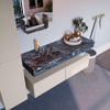 Mondiaz ALAN-DLUX Ensemble de meuble - 130cm - meuble Linen mat - 2 tiroirs - Lavabo Cloud Lava suspendu - vasque Gauche - 1 trou de robinet SW808159