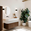 MONDIAZ THOR 130cm meuble de salle de bains arrondi gauche + droite couleur Walnut avec 1 tiroir et 2 portes. Vasque suspendue CLOUD Gauche sans trou de robinet couleur Talc. SW1463553