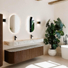 MONDIAZ THOR-DLUX 170cm meuble de salle de bains arrondi gauche + droite couleur Walnut avec 1 tiroir et 2 portes. Vasque suspendue CLOUD Double 2 trous de robinet couleur Glace. SW1465582