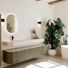 MONDIAZ THOR-DLUX 180cm meuble de salle de bains arrondi gauche + droite couleur Shadow avec 2 tiroirs et 2 portes. Vasque suspendue CLOUD Gauche 1 trou de robinet couleur Meli. SW1467699