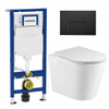 QeramiQ Dely Pack WC cuvette sans bride 36.3x51.7cm avec bâti-support Geberit UP320 abattant WC blanc brillant frein de chute et plaque de commande Noir mat boutons Rectangulaires SW804654