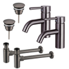 FortiFura Calvi Kit robinet lavabo - pour double vasque - robinet bas - bonde non-obturable - siphon design - Gunmetal PVD SW915315