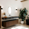 MONDIAZ THOR-DLUX 170cm meuble de salle de bains arrondi gauche + droite couleur Walnut avec 1 tiroir et 2 portes. Vasque suspendue CLOUD Milieu sans trou de robinet couleur Lava. SW1465579