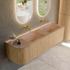 MONDIAZ KURVE-DLUX meuble de salle de bains 155cm arrondi à gauche couleur chêne avec 2 tiroirs et 1 porte. Lavabo LEAF double / à droite sans trou de robinet Saba. SW1433111