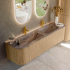 MONDIAZ KURVE-DLUX meuble de salle de bains 170cm arrondi gauche + droite couleur Oak avec 1 tiroir et 2 portes. Plan-vasque LEAF double 2 trous de robinet Oza. SW1432675