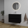 Saniclass Chaci Meuble de salle de bain - 80x46x55cm - lavabo en céramique blanc - 1 vasque ovale - 1 trou de robinet - 2 tiroirs - ronde miroir avec éclairage - noir mat SW816261