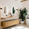 MONDIAZ THOR-DLUX 180cm meuble de salle de bains arrondi gauche + droite couleur Oak avec 2 tiroirs et 2 portes. Vasque suspendue CLOUD Double sans trou de robinet couleur Saba. SW1466339