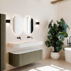 MONDIAZ THOR 130cm meuble de salle de bains arrondi gauche + droite couleur Shadow avec 1 tiroir et 2 portes. Vasque suspendue CLOUD Double sans trou de robinet couleur Talc. SW1463737