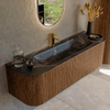 MONDIAZ KURVE-DLUX 150cm Meuble salle de bain avec module 25 G et D - couleur Walnut - 1 tiroir - 2 portes - vasque BIG MEDIUM centre - 1 trou de robinet - couleur Lava SW1137245