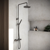 Hotbath Cobber ensemble de douche à effet pluie thermostatique avec tête de douche ronde 20 cm douchette à main barre fer vieilli SW74481