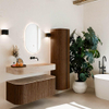 MONDIAZ THOR-DLUX 110cm meuble de salle de bains arrondi gauche + droite couleur Walnut avec 1 tiroir et 2 portes. Vasque suspendue CLOUD droite sans trou de robinet couleur Saba. SW1462995