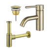 Fortifura Calvi Wastafelkraanset - lage wastafelkraan - always open plug - design - sifon - PVD - geborsteld messing (goud) SW911756