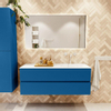 Mondiaz VICA ensemble de meuble de salle de bain - 130cm - meuble sous-vasque jeans - 2 tiroirs - lavabo moon droite - 1 trou de robinet - couleur talc - miroir LED - version XL 60cm de haut SW1092168