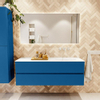 Mondiaz VICA ensemble de meuble de salle de bain - 140cm - meuble sous-vasque jeans - 2 tiroirs - lavabo moon droite - sans trous de robinet - couleur talc - miroir LED - version XL 60cm de haut SW1092166