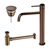 Fortifura Calvi Slim Wastafelkraanset - verhoogde wastafelkraan - always open plug - verlaagde design - sifon - PVD - geborsteld koper SW1079955