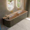 MONDIAZ KURVE-DLUX Meuble de salle de bains 165cm arrondi gauche couleur Shadow avec 2 tiroirs et 1 porte. Lavabo STOR SMALL Double / Droite sans trou de robinet Arena. SW1434016