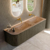 MONDIAZ KURVE-DLUX meuble de salle de bains 155 cm arrondi à gauche couleur Shadow avec 2 tiroirs et 1 porte. Lavabo LEAF Double / à droite sans trou de robinet Arena. SW1431303
