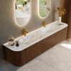 MONDIAZ KURVE-DLUX 200cm Meuble salle de bain avec module 25 G et D - couleur Walnut - 2 tiroirs - 2 portes - vasque STOR SMALL double - 2 trous de robinet - couleur Glace SW1138096