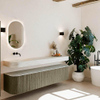 MONDIAZ THOR-DLUX 200cm meuble de salle de bains arrondi gauche + droite couleur Shadow avec 2 tiroirs et 2 portes. Vasque suspendue CLOUD Gauche sans trou de robinet couleur Opalo. SW1467035
