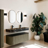 MONDIAZ THOR-DLUX 130cm meuble de salle de bains arrondi gauche + droite couleur Shadow avec 1 tiroir et 2 portes. Vasque suspendue CLOUD Double 2 trous de robinet couleur Lava. SW1463761
