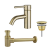 Fortifura Calvi Wastafelkraanset - lage wastafelkraan - always open plug - verlaagde design - sifon - PVD - geborsteld messing (goud) SW891944