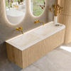 MONDIAZ KURVE-DLUX 145cm Meuble salle de bain avec module 25 D - couleur Oak - 1 tiroir - 1 porte - vasque LEAF double / gauche - sans trou de robinet - couleur Ostra SW1137762