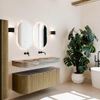 MONDIAZ THOR-DLUX 130cm meuble de salle de bains arrondi gauche + droite couleur Dusk avec 1 tiroir et 2 portes. Vasque suspendue CLOUD Double sans trou de robinet couleur Sombra. SW1464070