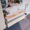Mondiaz ALAN-DLUX Ensemble de meuble - 150cm - meuble Linen mat - 1 tiroir - Lavabo Cloud Frappe suspendu - vasque Gauche et droite - 2 trous de robinet SW805574