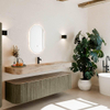 MONDIAZ THOR-DLUX 180cm meuble de salle de bains arrondi gauche + droite couleur Shadow avec 2 tiroirs et 2 portes. Vasque suspendue CLOUD Milieu 1 trou de robinet couleur Arena. SW1466152