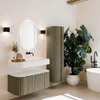 MONDIAZ THOR 100cm meuble de salle de bains arrondi gauche + droite couleur Shadow avec 1 tiroir et 2 portes. Vasque suspendue CLOUD Droite sans trou de robinet couleur Talc. SW1467440