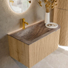 MONDIAZ KURVE-DLUX Meuble de salle de bains 85cm arrondi à droite couleur chêne avec 1 tiroir et 1 porte. Lavabo CLOUD gauche 1 trou de robinet Oza. SW1432621