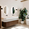 MONDIAZ THOR 170cm meuble de salle de bains arrondi gauche + droite couleur Walnut avec 1 tiroir et 2 portes. Vasque suspendue CLOUD Double sans trou de robinet couleur Talc. SW1467687