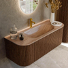 MONDIAZ KURVE-DLUX 120cm badmeubel ronding Links + Rechts kleur Walnut met 1 lade en 2 deuren. Wastafel BIG SMALL Midden 1 kraangat Saba. SW1433157
