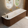 MONDIAZ KURVE-DLUX Meuble de salle de bains 145 cm avec module 25 L couleur Walnut avec 1 tiroir et 1 porte. Lavabo LEAF double / à droite sans trou de robinet couleur Opalo. SW1137688