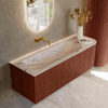 MONDIAZ KURVE-DLUX Meuble de salle de bains 135cm arrondi à droite couleur Ruby avec 1 tiroir et 1 porte. Lavabo BIG MEDIUM gauche sans trou de robinet Nata. SW1432576