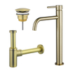 Fortifura Calvi Slim Wastafelkraanset - verhoogde wastafelkraan - always open plug - design - sifon - PVD - geborsteld messing (goud) SW911755