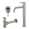 FugaFlow Eccelente Sobrado Slim Slim Kit mitigeur lavabo - robinet rehaussé - bonde clic clac - siphon design bas - PVD Inox brossé SW1124403