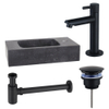 Fortifura Fuente Pack Lave-mains - 40x22x9cm - 1 trou de robinet - pierre naturelle - robinet Noir mat - Noir SW1111551