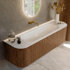 MONDIAZ KURVE 150cm Meuble salle de bain avec module 25 G et D - couleur Walnut - 1 tiroir - 2 portes - vasque BIG MEDIUM centre - sans trous de robinet - Talc SW1138319